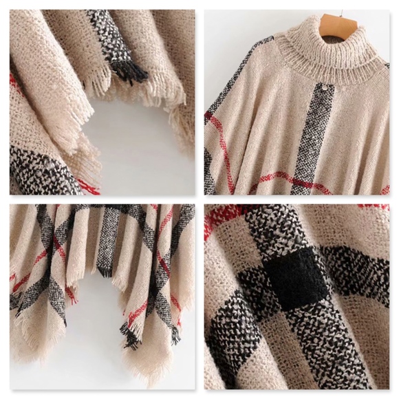 Plaid Beige Turtleneck Poncho - Picture 7 of 11
